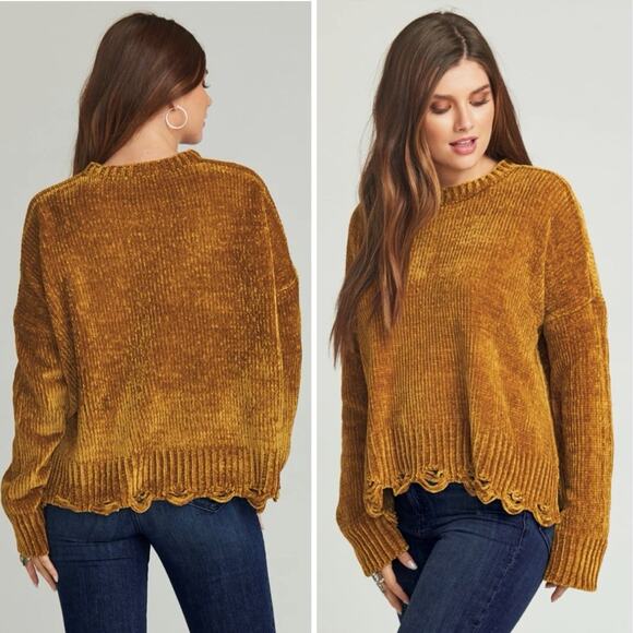 SMYM MUMU Gold Yellow Chenille Knit Oversized Distressed Crop Boxy Sweater XS - Picture 9 of 16